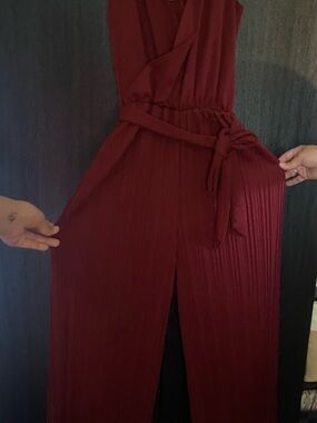 Sleeveless Pleated Wrap Jumpsuit in Burgundy